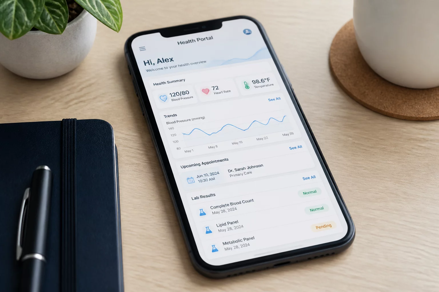 Digital health mobile portal interface on smartphone