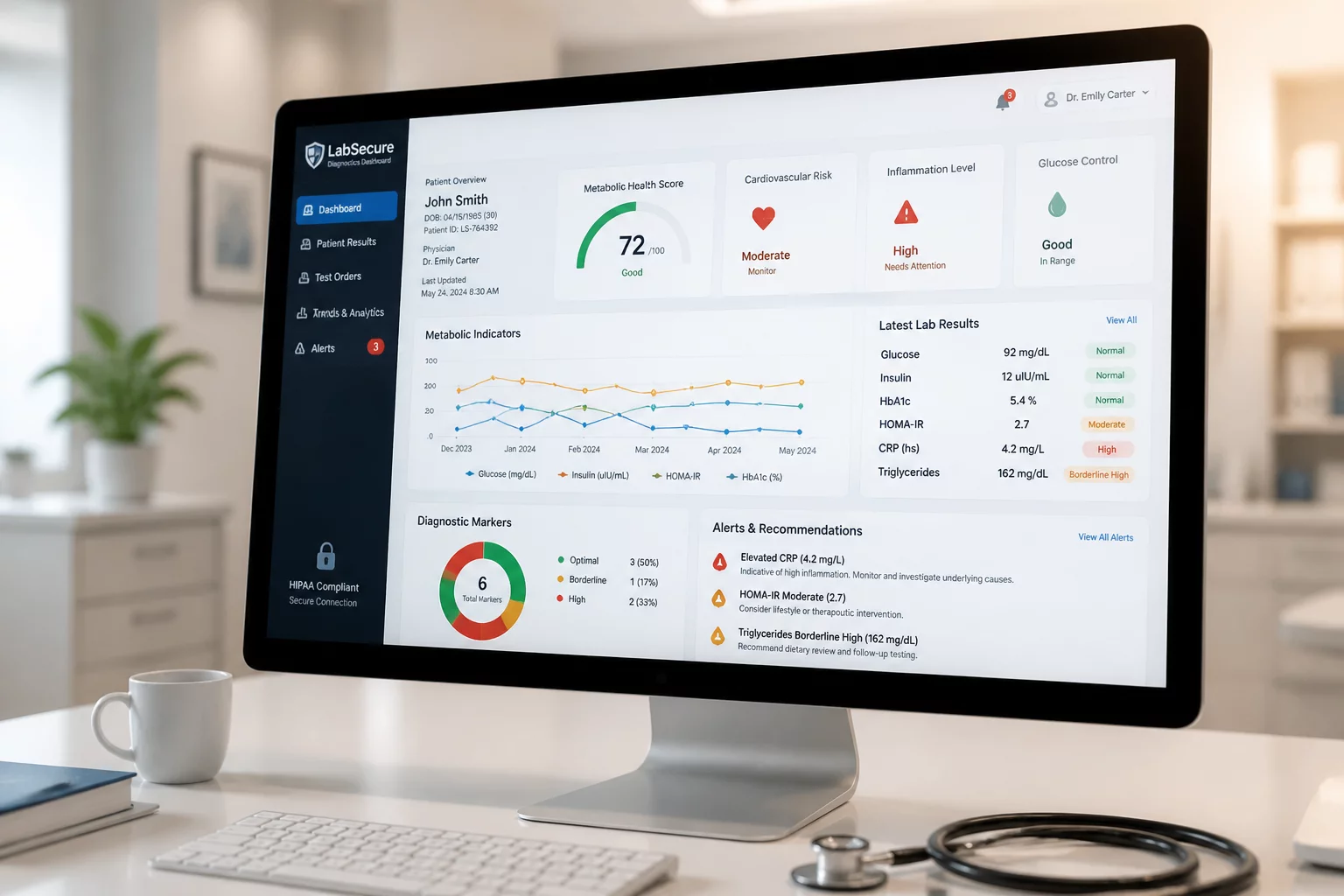 Digital diagnostic test results overview dashboard on computer